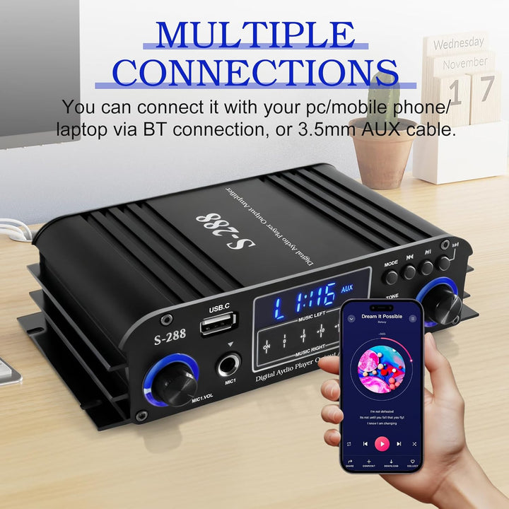4-Kanal Verstärker, 1200W Audio Leistungsverstärker Bluetooth 5.0, 30Wx4 mit USB/Mikrofon/FM mit Fer