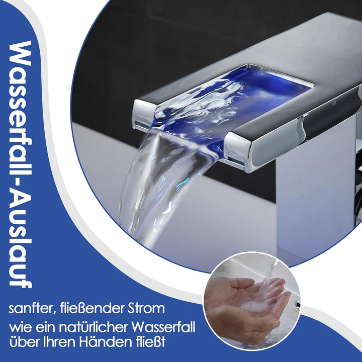 Batterielose LED Wasserhahn Bad, OUGOO Wasserfall RGB 3 Farbwechsel Waschtischarmatur nach Temperatu