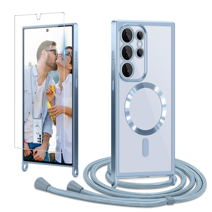 für Samsung Galaxy S24 Ultra Hülle mit Band + 1 Schutzfolie, Blau | Handyband Transparent Silikon Ha