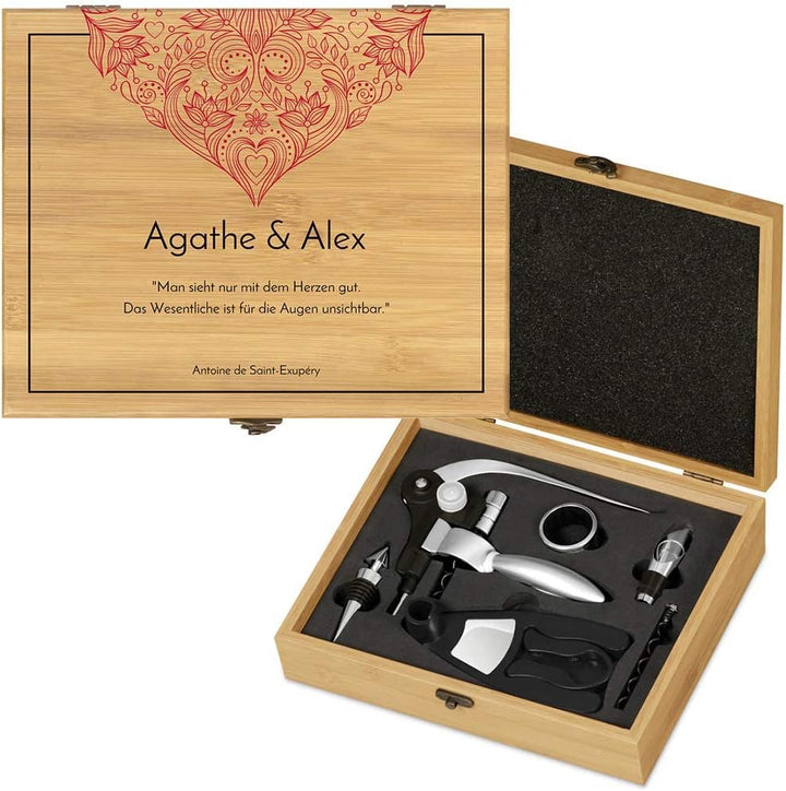 Maverton Weinöffner-Set personalisiert Weinset Sommelier Set - Geschenkbox Holzbox + 6er Weinzubehör