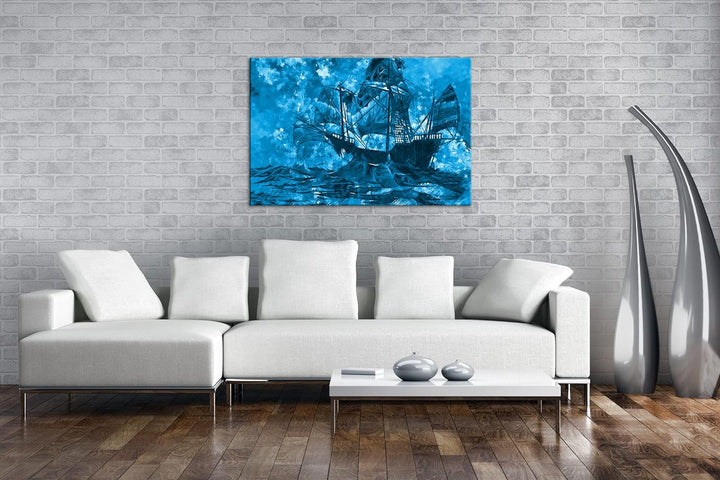 deyoli abstrakte Zeichnung eines Geisterschiffes Format 80x60 Effekt: Monocrome Blau als Leinwandbil