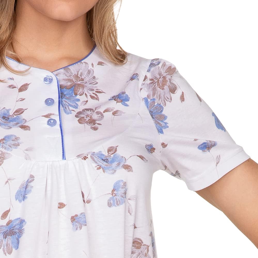 e.Femme® Damen Nachthemd Kate 2348 Kurzarm, 100% Baumwolle Weiss/Blau 36, Weiss/Blau 36