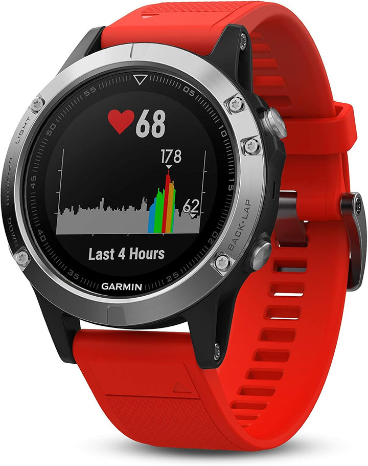 Garmin Fenix 5 - Multisport watch with HR and GPS, 47 mm, Silver pack 2 straps (Black and red)