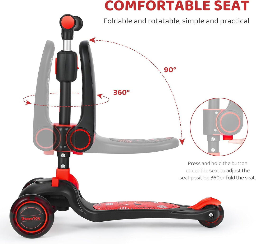 BremToy Kinderroller mit Sitz, Tretroller mit LED Rädern, Kinder Scooter mit Höhenverstellbarem Lenk