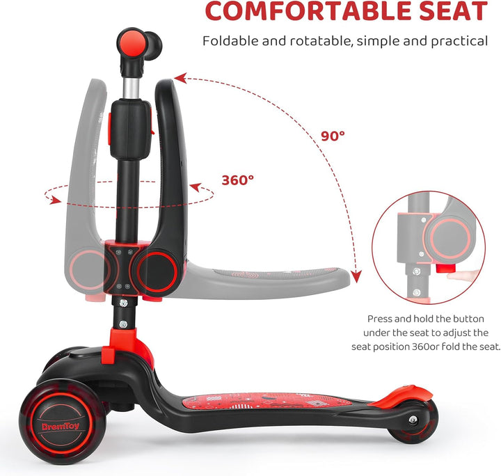 BremToy Kinderroller mit Sitz, Tretroller mit LED Rädern, Kinder Scooter mit Höhenverstellbarem Lenk