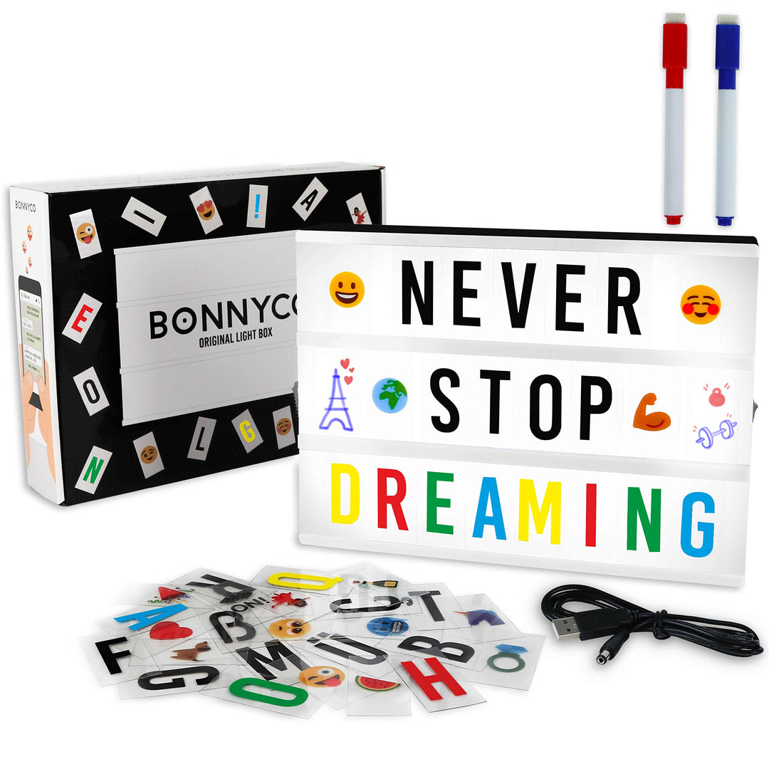 BONNYCO Light Box A4 mit 400 Buchstaben, Emojis, 2 Stifte, Ä Ö Ü ss Enhalten. Led Lichtkasten Buchst