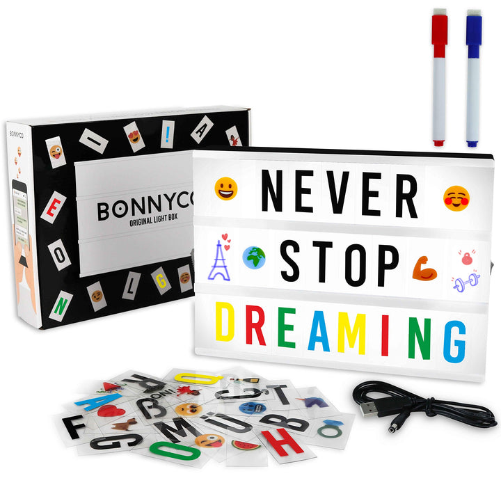 BONNYCO Light Box A4 mit 400 Buchstaben, Emojis, 2 Stifte, Ä Ö Ü ss Enhalten. Led Lichtkasten Buchst