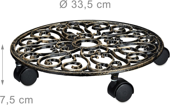 2 x Pflanzenroller Gusseisen, rund, Ø 33,5 cm, Blumentopfuntersetzer, 4 Rollen, stabil, wetterfest,