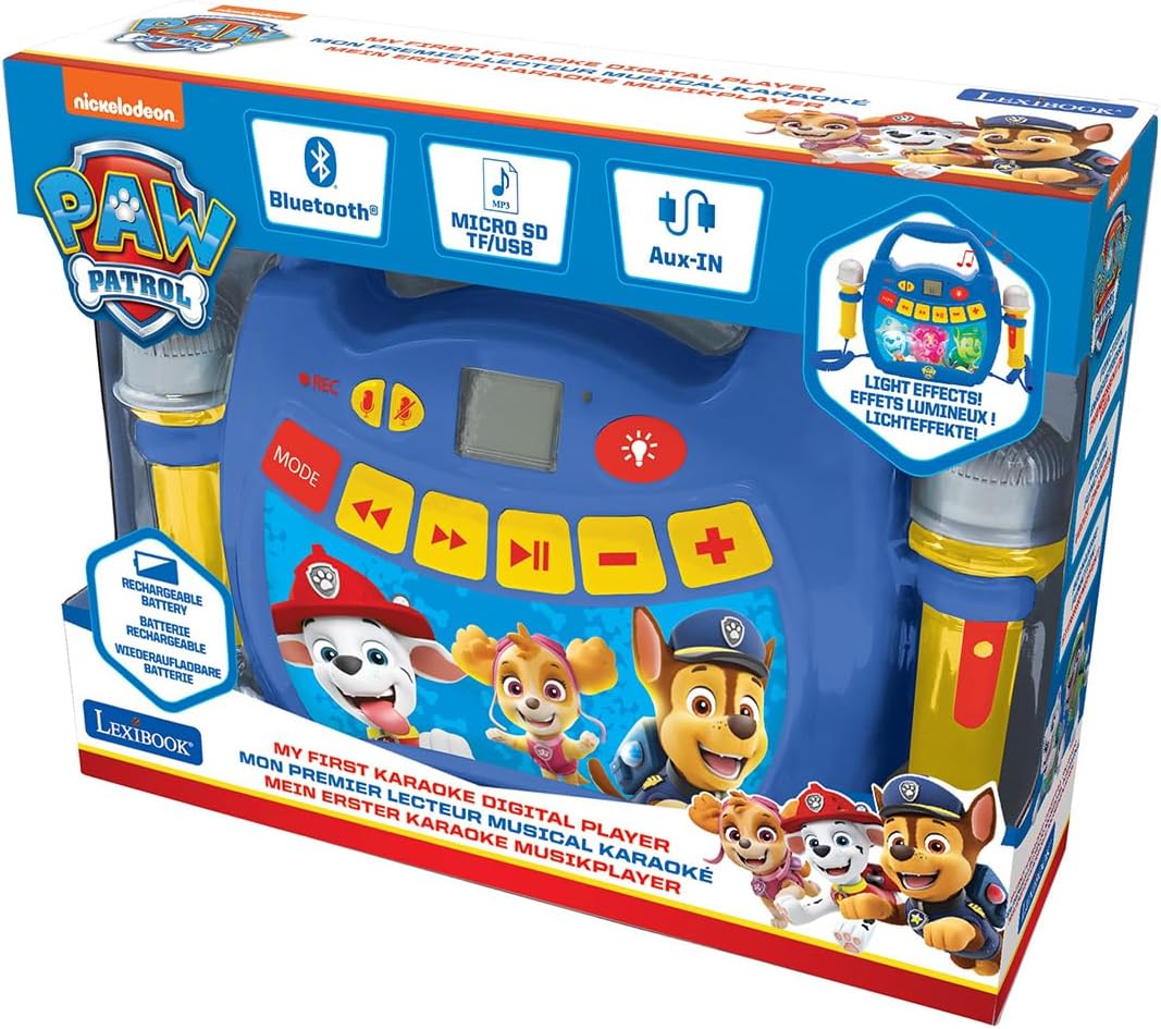 Lexibook - Paw Patrol - Tragbarer digitaler Karaoke-Player für Kinder - Mikrofone, Lichteffekte, Blu