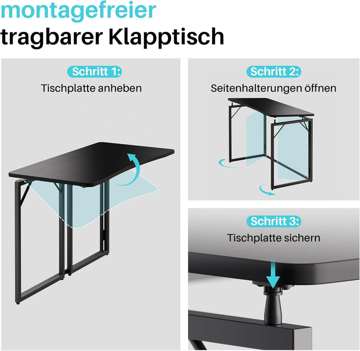 JOYMOOP Klapptisch, Schwarz, 120 cm, Keine Montage, Kleiner Faltbarer Schreibtisch für Zuhause, Büro