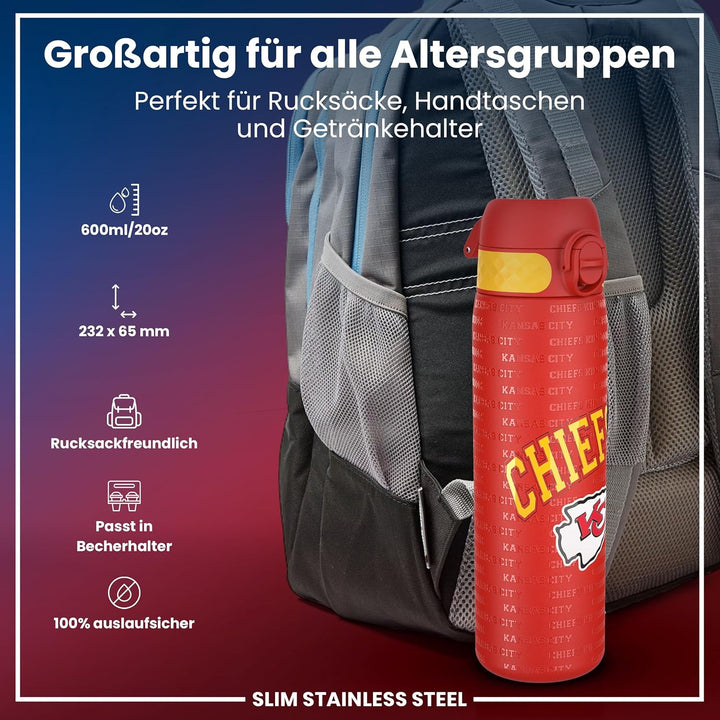 ion8 NFL Edelstahl-Trinkflasche, Auslaufsicher, Einhandöffnung, Sichere Verriegelung, Spülmaschinenf
