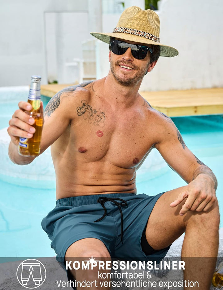 KBVOT Badehose Herren mit Kompression Liner Schnelltrocknend Badeshorts Männer Kurz Boardshorts Schw