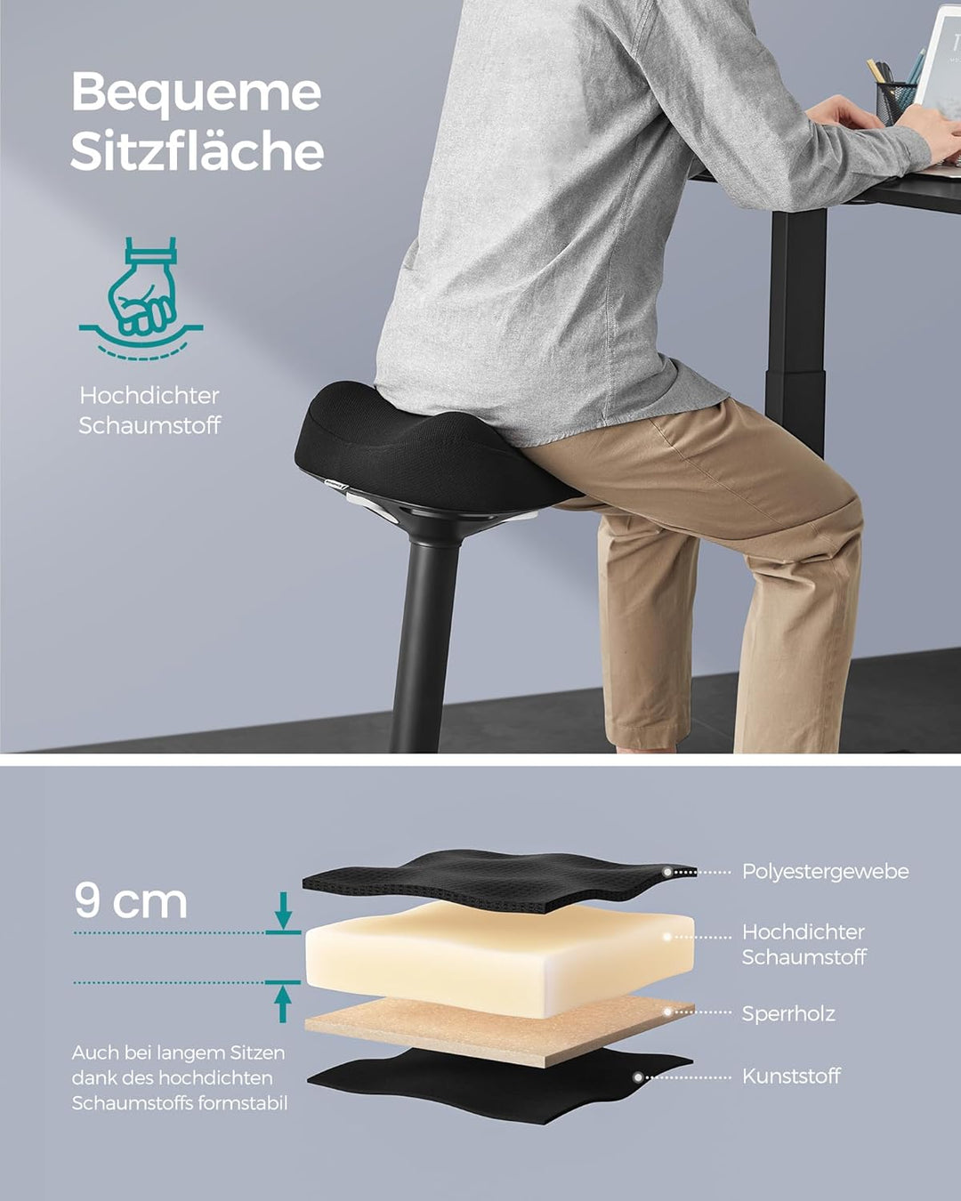 SONGMICS Hocker, Stehhocker um 360° neigbar, Schreibtischstuhl, höhenverstellbar 58-83 cm, grosser S