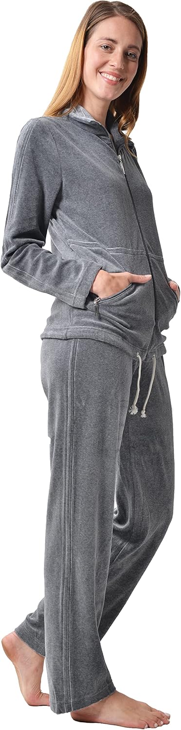 RAIKOU Damen Nicki Hausanzug mit Reissverschluss Velours Freizeitanzug Trainingsanzug 48-50 Grau Mel