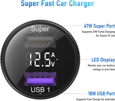 67W Zigarettenanzünder USB Ladegerät für Xiaomi Turbo Charge,USB Kfz Ladegerät Autoladegerät Dualpor