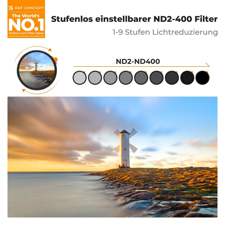 K&F CONCEPT Ultra-niedrige Reflexion ND Filter 52mm Variabler ND2-400 Graufilter (1-9 Blendenstufen)