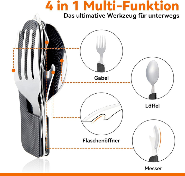 HIKENTURE® Outdoor Campingbesteck Set - Klappbesteck Outdoor Besteck aus Edelstahl mit Gürteltasche