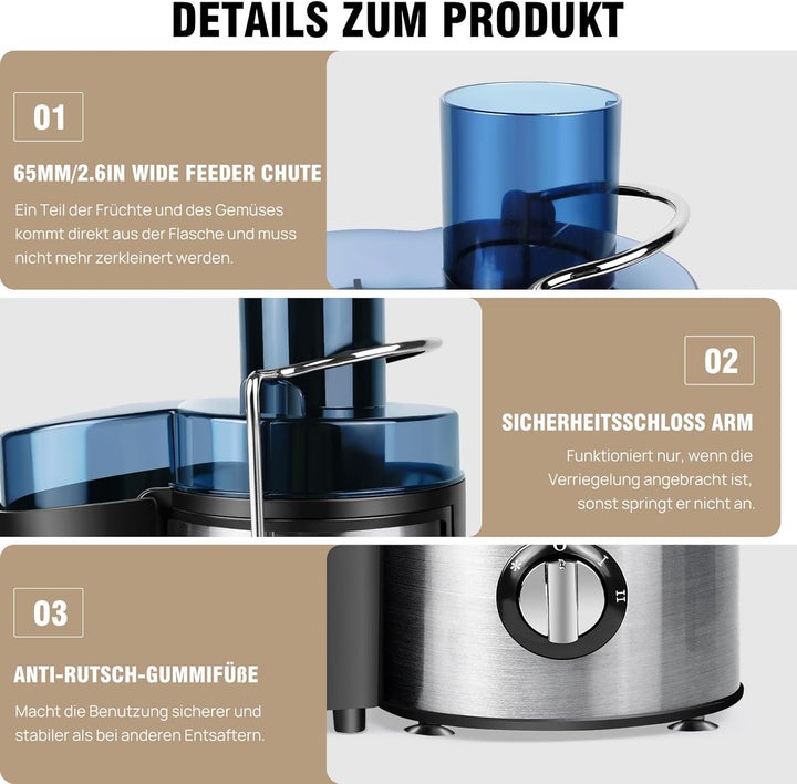 Entsafter Gemüse und Obst, 65 mm Einfüllschacht, 2 Einstellungen, Leicht zu reinigen, BPA-frei