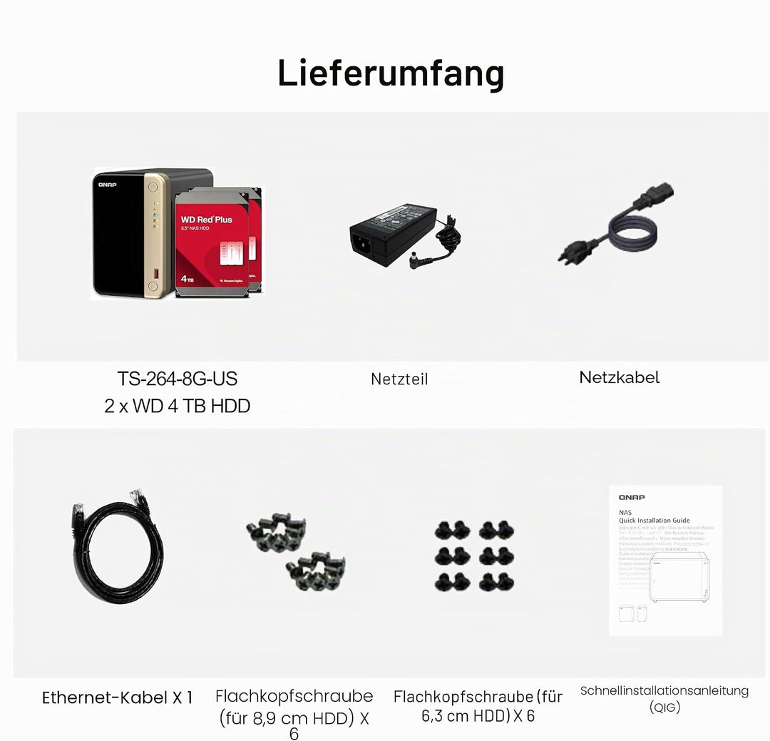 QNAP TS-264-8G-24WD-US 2 Bay Hochleistungs-Desktop-NAS mit 4 TB Speicherkapazität, vorkonfiguriertes