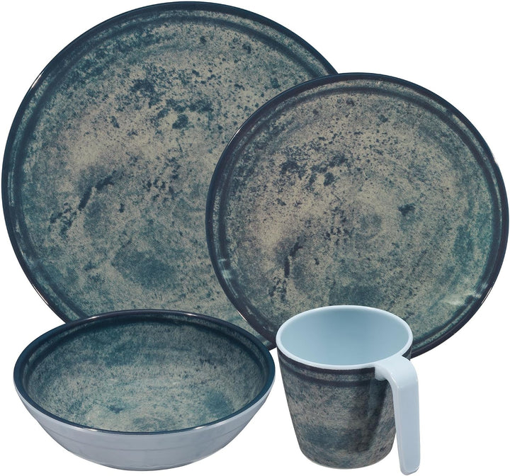 Melamin Geschirr Set Mondgranit Blau-Grau für 6 Personen Camping Picknick 24 Teile - mit Tassen, 24