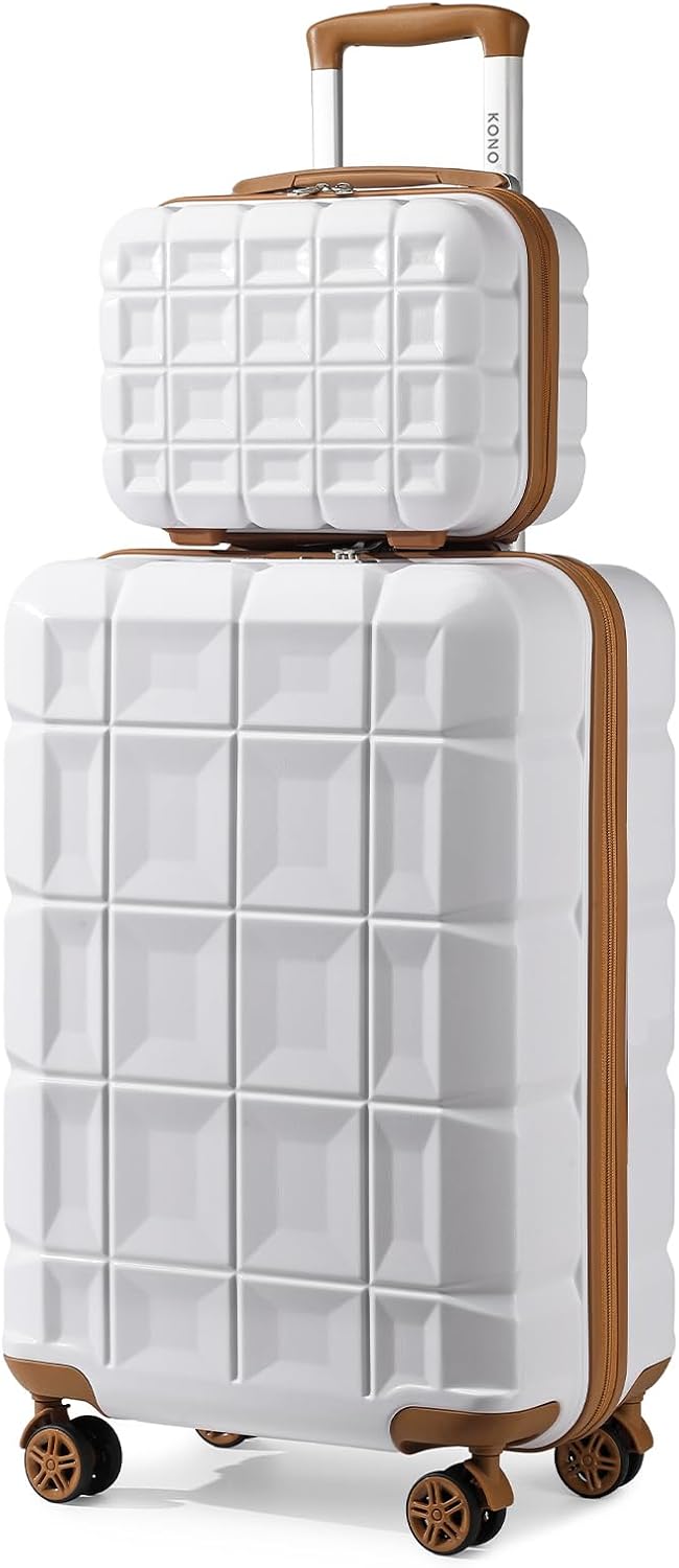 KONO Gepäck-Sets Kofferset 2 Teilig Handgepäck Koffer mit Beautycase (54cm+Kosmetikkoffer, Weiss) We