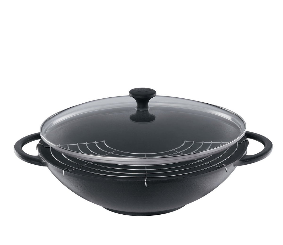 Küchenprofi Wok-Set Gusseisen mit Glasdeckel , Ø 36,5 cm , Authentisches asiatisches Kocherlebnis ,