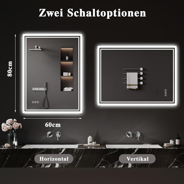 Badspiegel-mit-Beleuchtung 60x80cm: LED Badezimmer-Spiegel Badezimmerspiegel mit Bluetooth, Beschlag