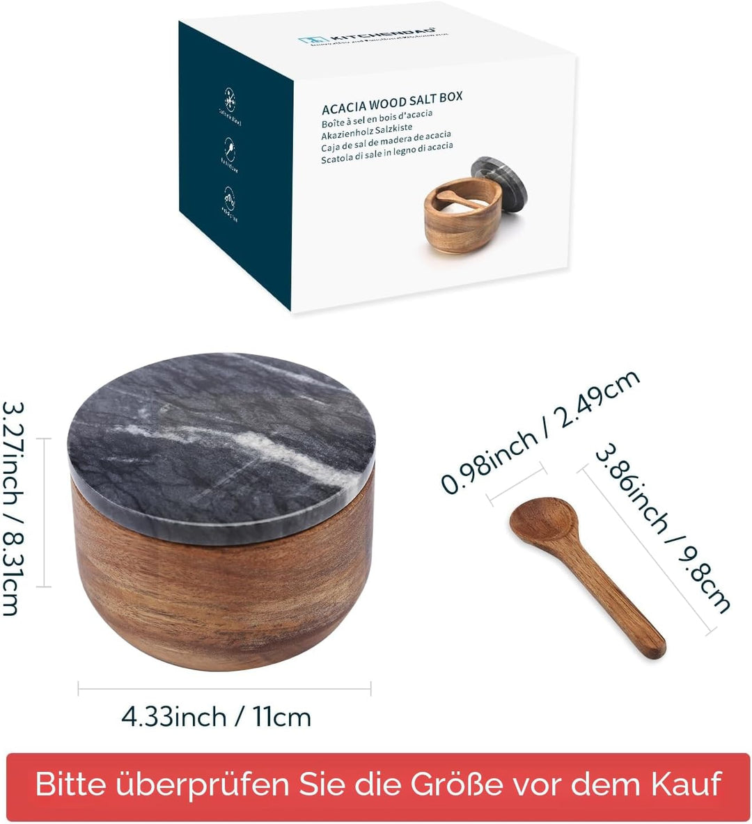 KITCHENDAO Grosse Holz-Salzbox mit integriertem Servierlöffel, Salzkeller, Gewürzbehälter, schwarzer