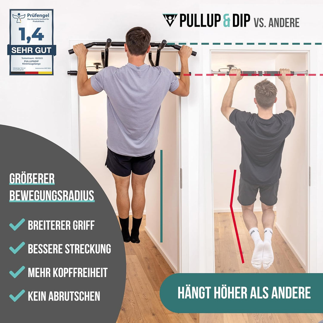 PULLUP & DIP Klimmzugstange für Türrahmen zum Einhängen ohne Schrauben und kein Abrutschen, Profi Tü
