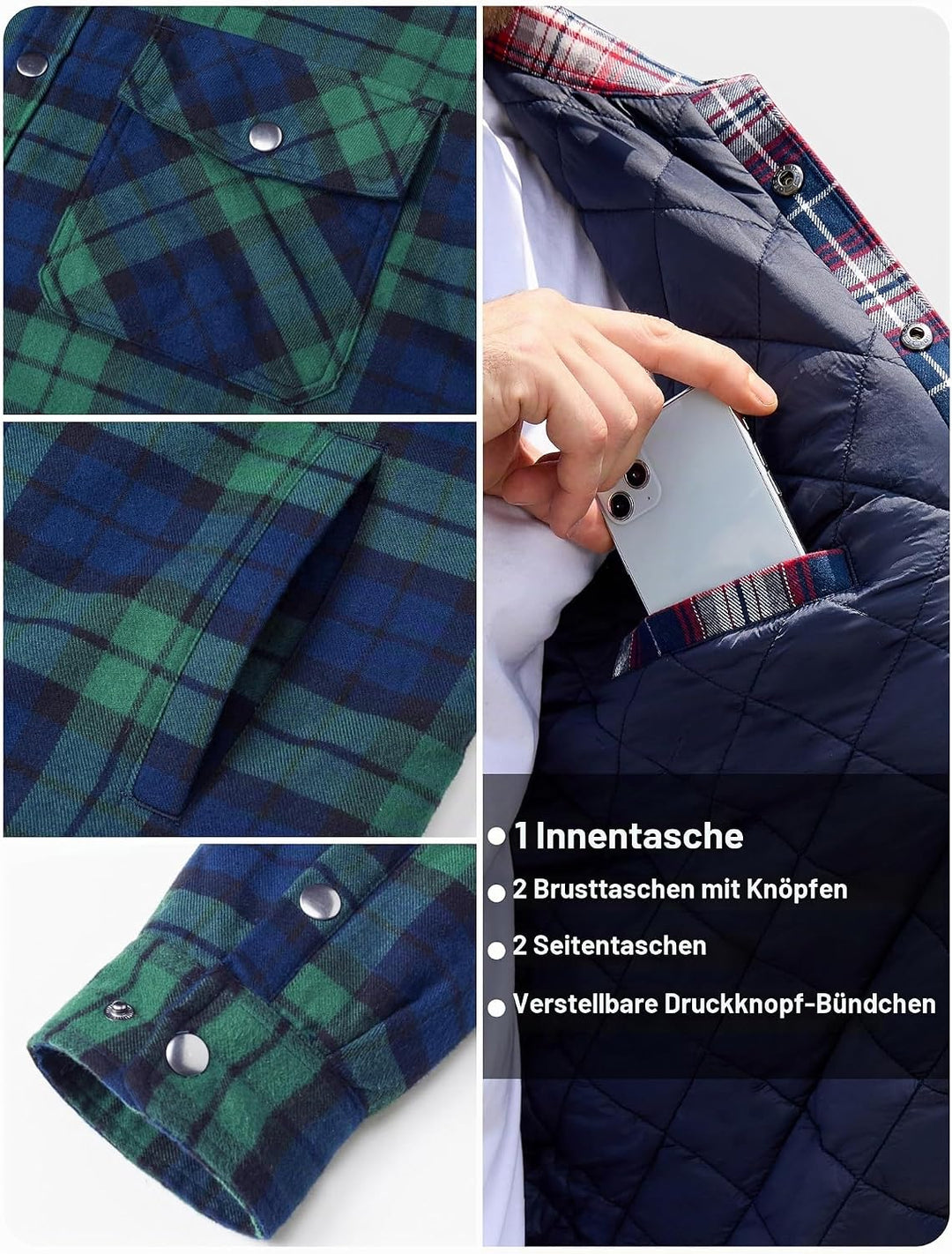 TACVASEN Herren Karierte Hemdjacke Flanellhemd Holzfällerhemd Thermohemd Jacke S Grün, S Grün