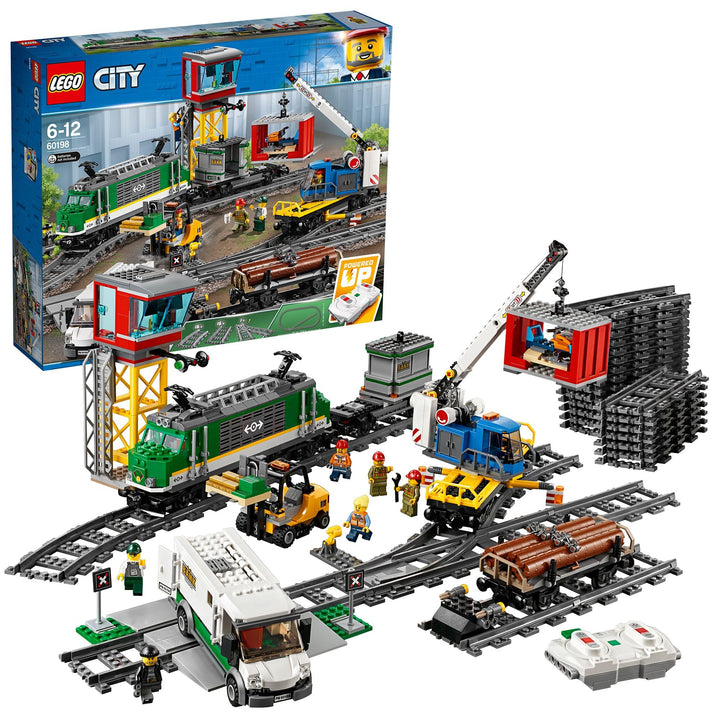 LEGO 60198 City Güterzug, Set mit batteriebetriebenem Motor, Bluetooth-Fernbedienung, 3 Wagen, Gleis