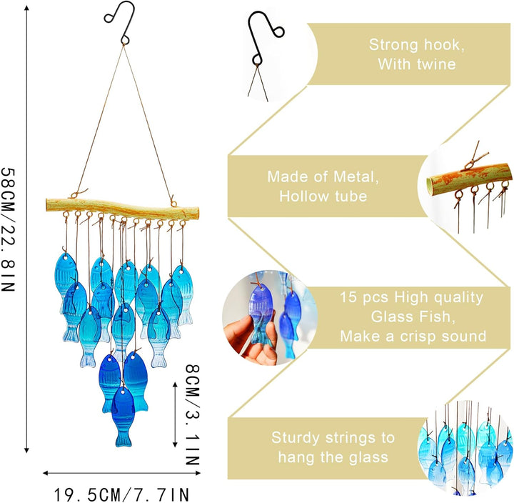 H&amp;D HYALINE &amp; DORA 58,4 cm blaues Glas Meereswindspiel, handgefertigtes Fisch Windspiel für draussen