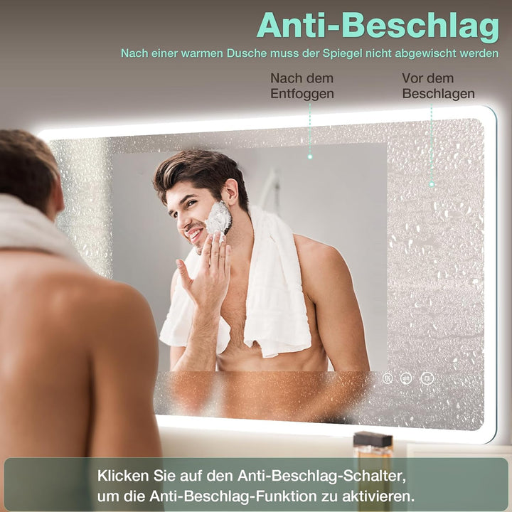 Badspiegel mit Beleuchtung 100x60 cm, Rechteckig, Touch-Schalter, Dimmbar, 3 Lichtfarbe Einstellbare