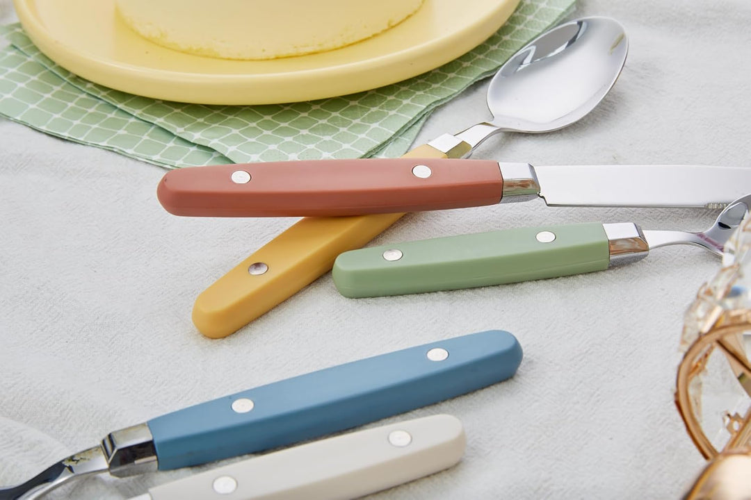 ANNOVA Retro/Rivet Buntes Edelstahl-Geschirr Küchenbesteck-Set, enthält Tischmesser, Gabeln, Löffel,