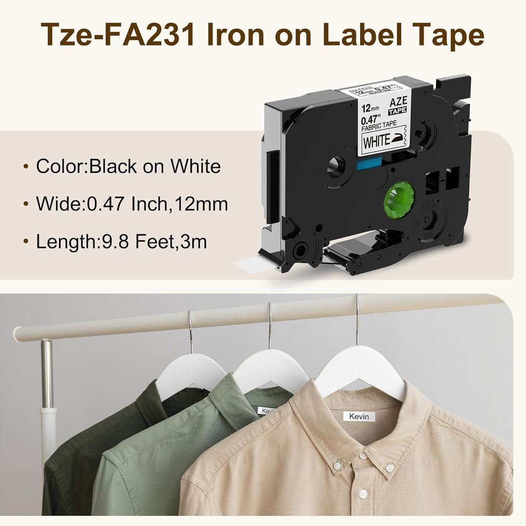 kompatibel Textil-Aufbügelband für Brother TZe-FA231 P-touch Schriftband schwarz auf weiss 12mm x 3m