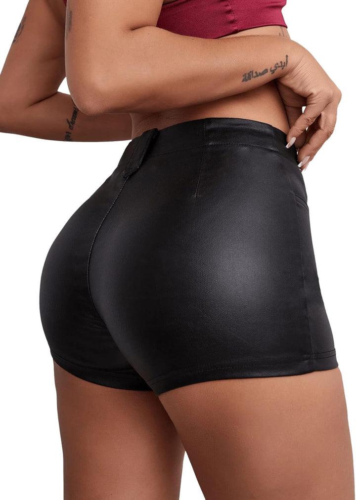 GORGLITTER Damen Stretch Shorts Kurze Hose PU Lederoptik Kunstlederhose Nachtclub Hosen mit Öse und