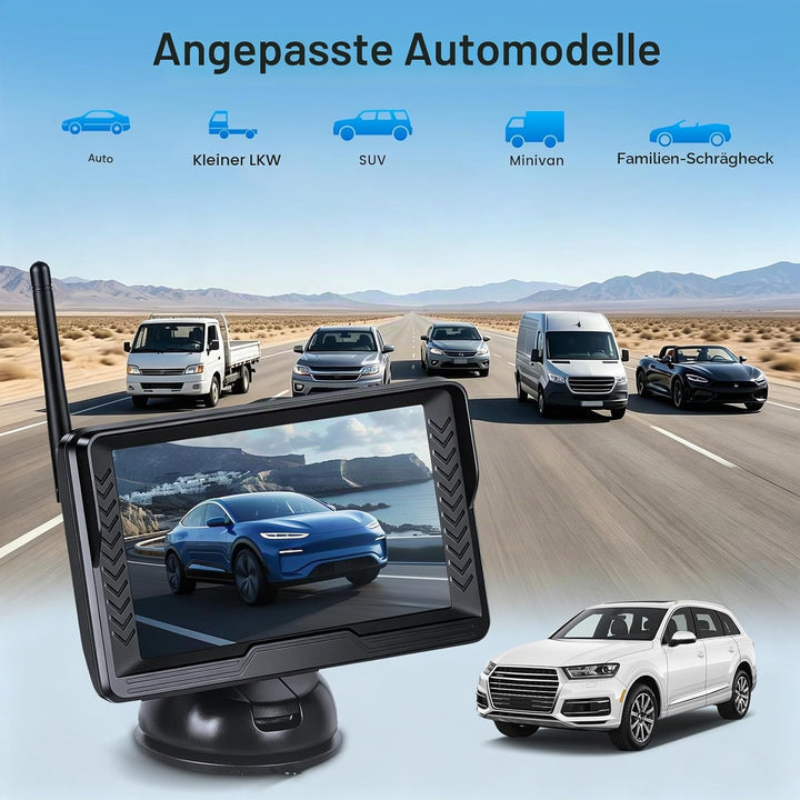 Hikity 5 Zoll AHD IPS Display, Kabelloses Rückfahrkameraset für Zahlreiche Fahrzeugmodelle, wasserdi