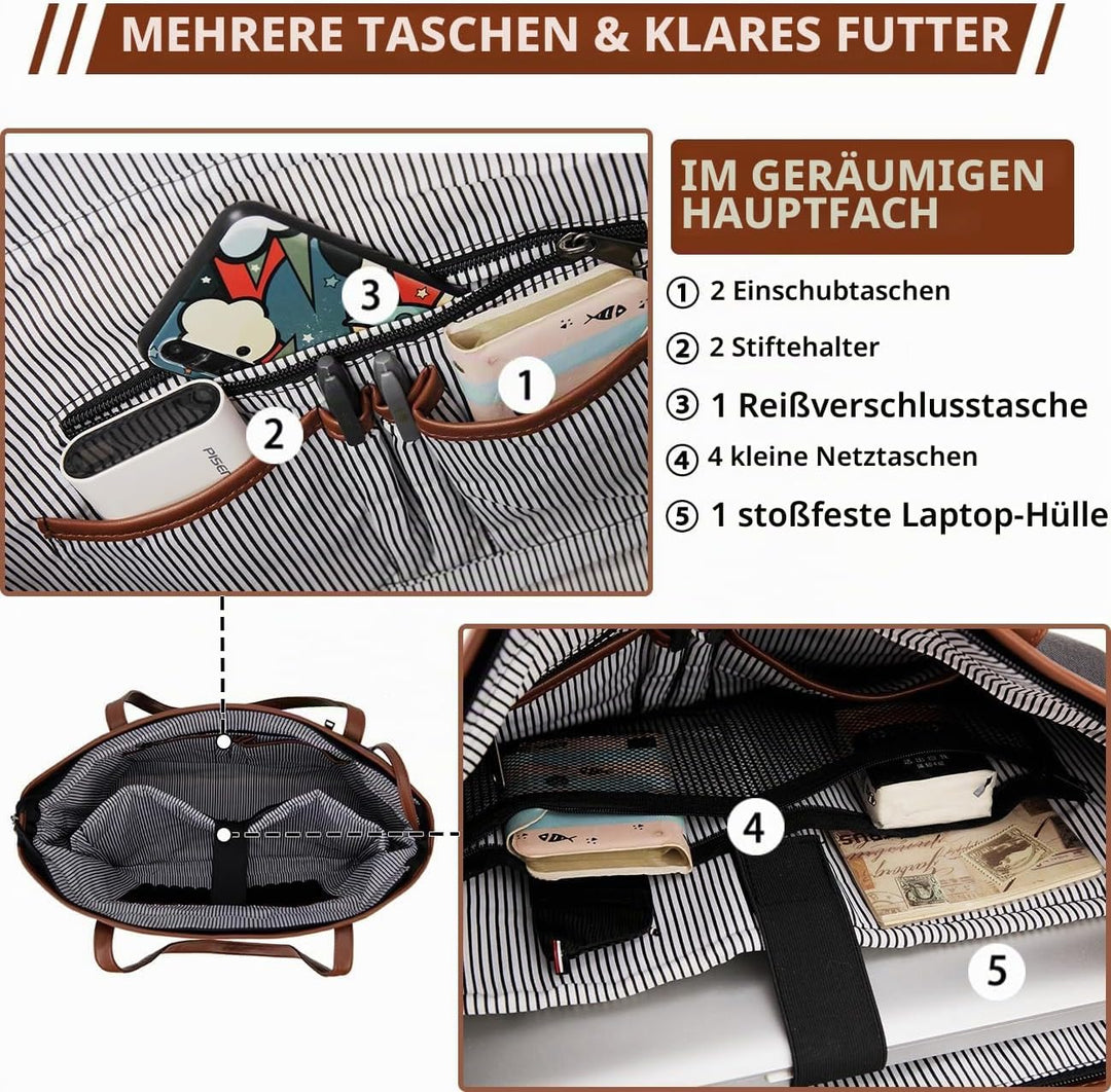 VX VONXURY Laptop Handtasche Damen Canvas Laptoptasche 15,6 Zoll Schultertaschen Shopper, Grosse Arb