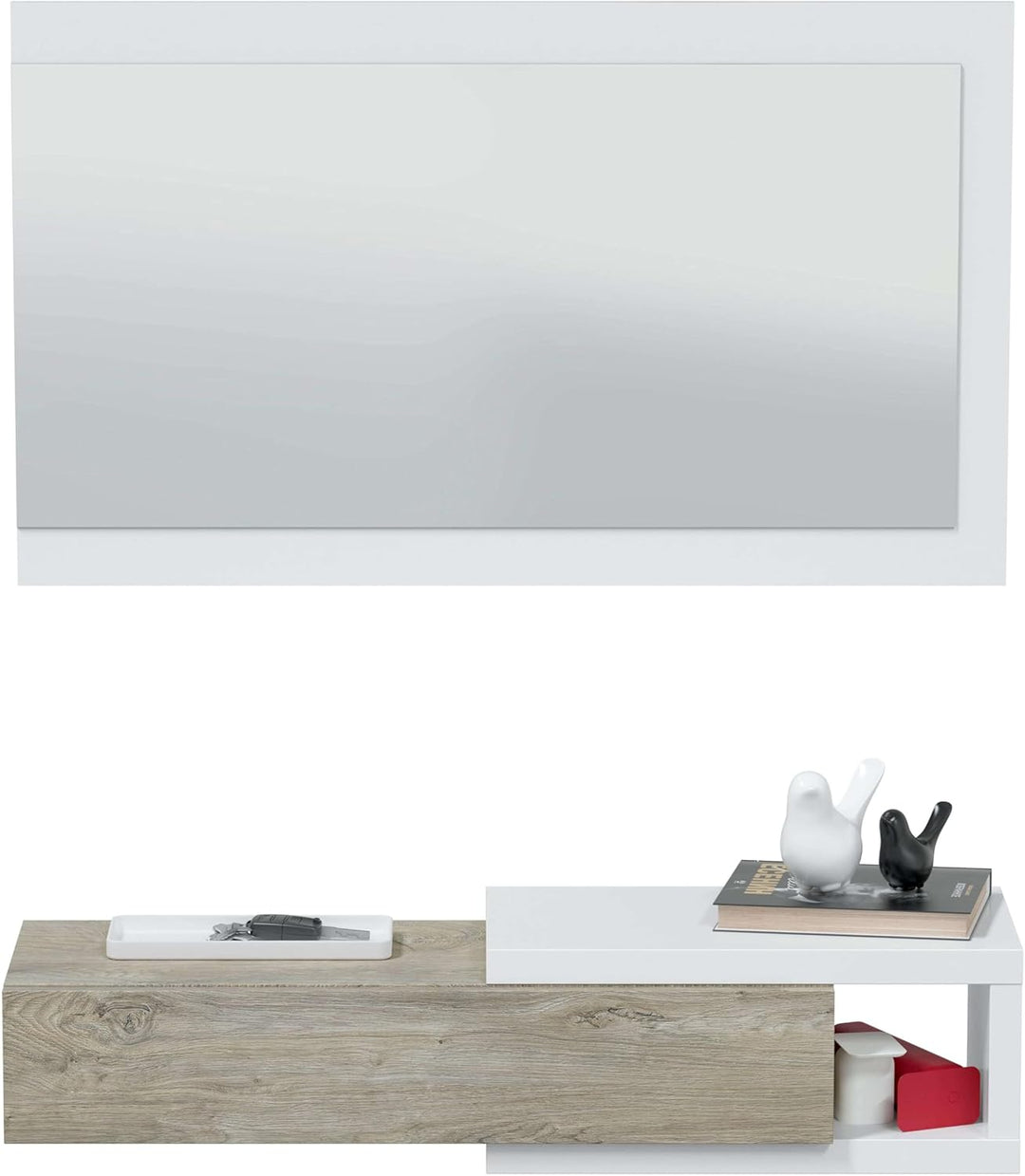Flur mit Schublade und Spiegel, Eingangsmöbel, Modell Noon, Ausführung in Artik White und Alaska Oak