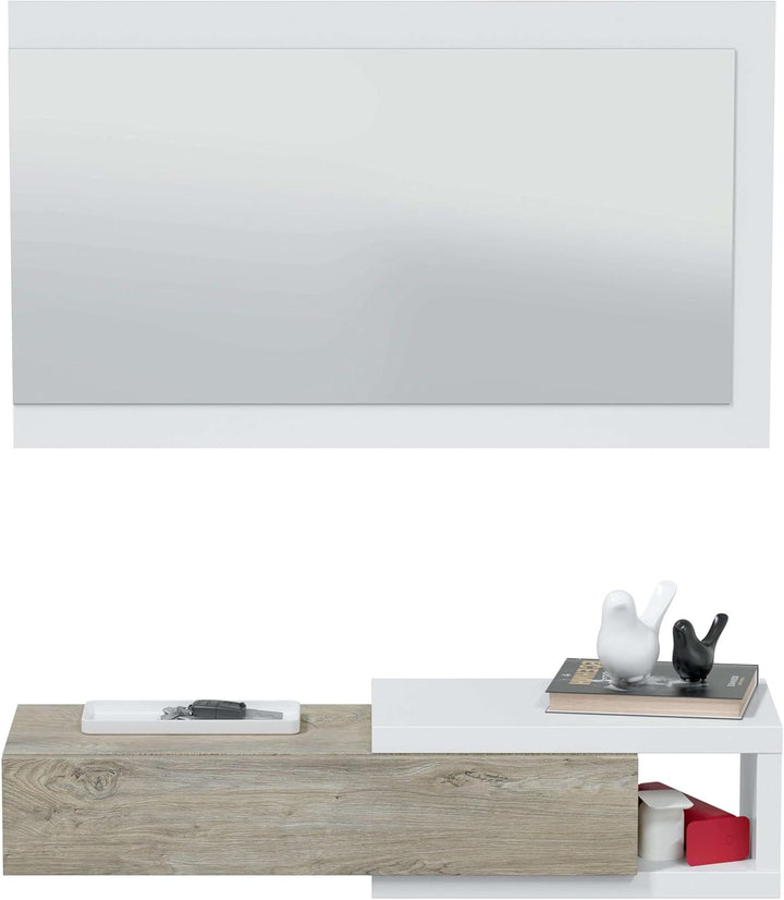 Flur mit Schublade und Spiegel, Eingangsmöbel, Modell Noon, Ausführung in Artik White und Alaska Oak