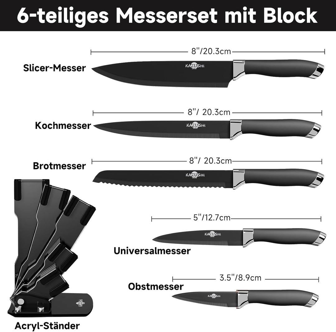 6-teilig Messerset mit Messerhalter, Küchenmesser Set, Profi Messerset mit Block, Edelstahl Messer S