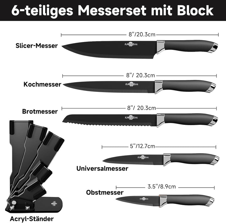 6-teilig Messerset mit Messerhalter, Küchenmesser Set, Profi Messerset mit Block, Edelstahl Messer S