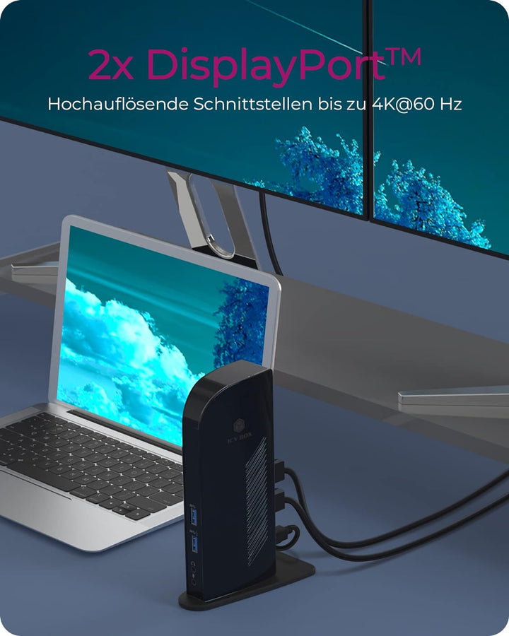 ICY BOX USB-C Docking Station (11-in-1) für 2 Monitore (2x DisplayPort), 4K 60Hz, 6-fach USB 3.0 HUB