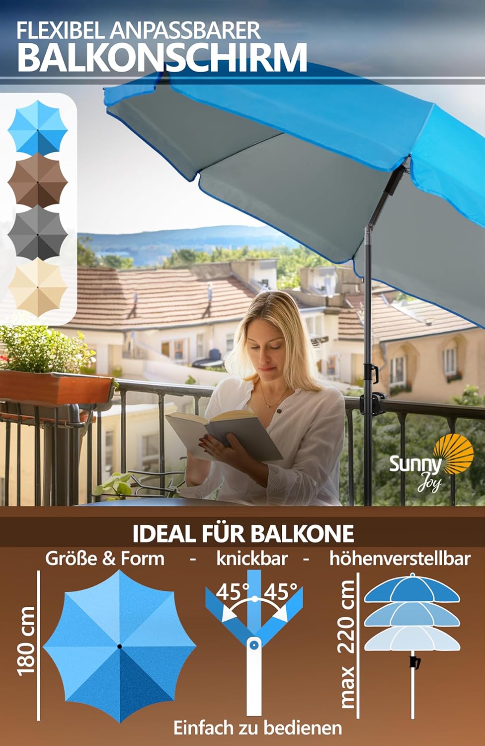 4smile Sonnenschirm Balkon SunnyJoy, 3-in-1 SET, Blau - UPF 50+ Sonnenschirm Ø 180 cm + Sonnenschirm