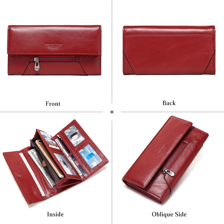 Geldbeutel Damen Leder RFID Schutz Geldbörse Large Portemonnaie Minimalistisch Lange Brieftasche Rot