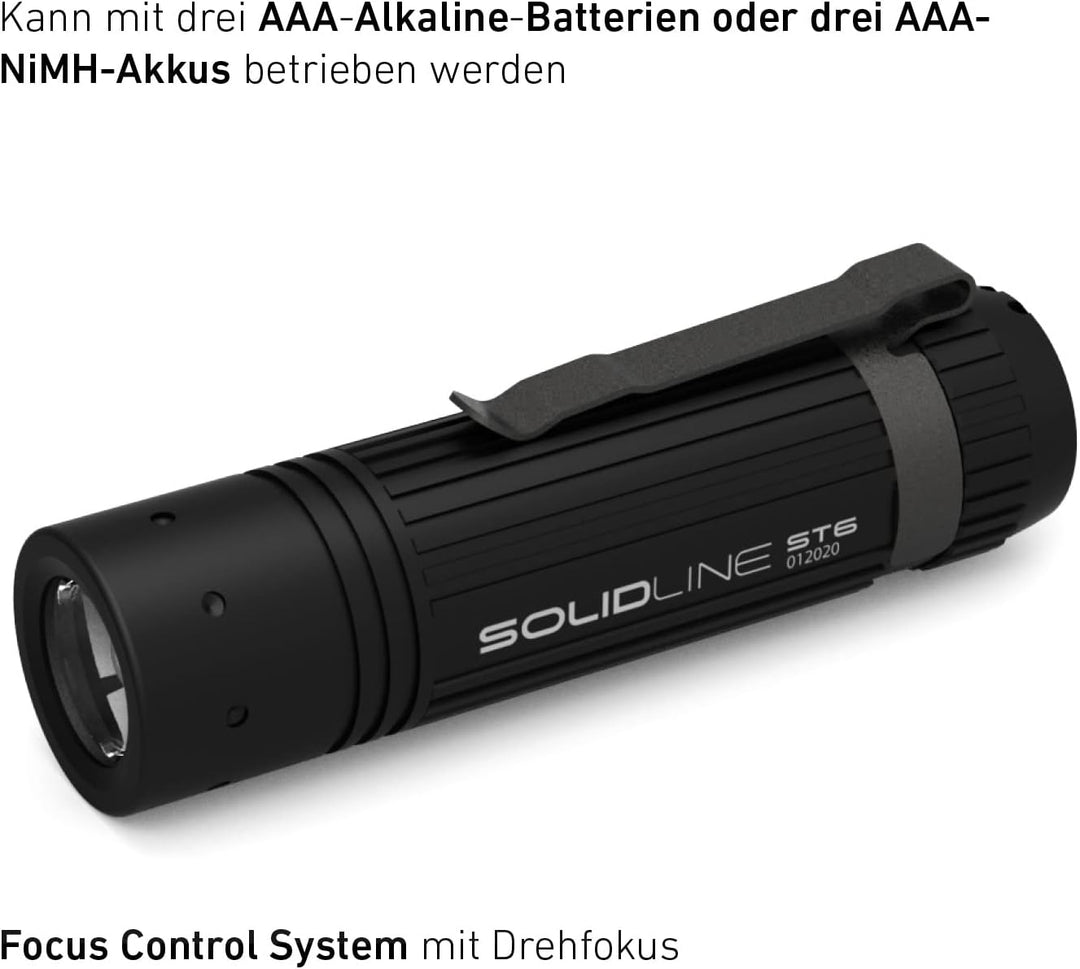 Solidline ST6, super helle LED Taschenlampe, fokussierbar, 320 Lumen, 25h Leuchdauer, 140m Leuchtwei