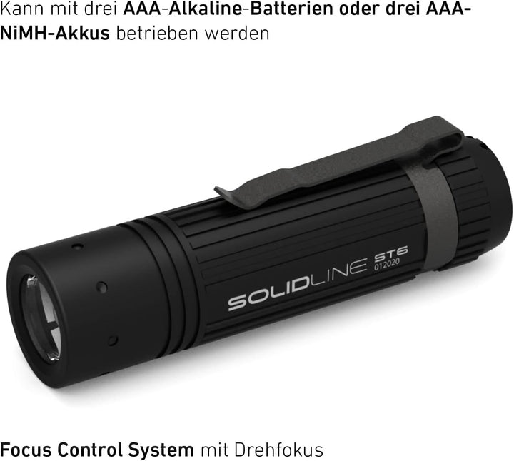 Solidline ST6, super helle LED Taschenlampe, fokussierbar, 320 Lumen, 25h Leuchdauer, 140m Leuchtwei