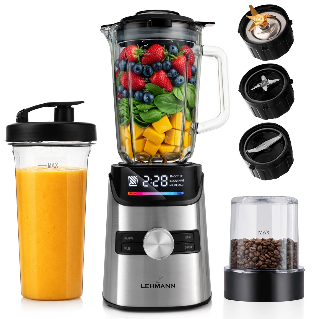 LEHMANN Standmixer mit Glasbehälter 1,7 L & Mix-und-go-Behälter, 10 Geschwindigkeiten, Puls & 3 Prog