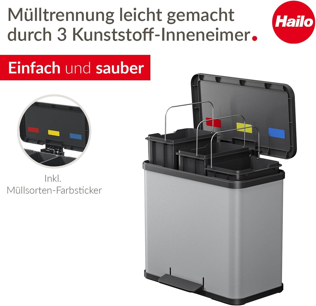 Hailo Öko trio Plus L | Mülltrenner 3 x 9 Liter | 27 Liter | Soft Close Deckeldämpfung | 3-In-1 Tret