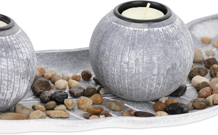 Relaxdays Teelichthalter Set mit Tablett & Steinen, 50 cm lang, Tischdeko Wohnzimmer, Esszimmer, Ker
